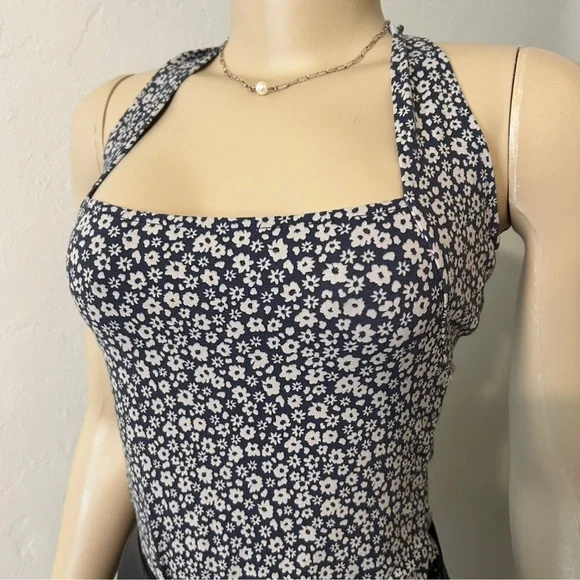 Free People Navy and White floral halter top Bodysuit - Picture 4 of 7